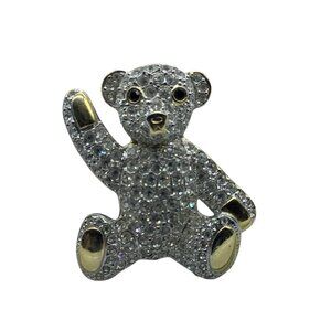 Crystal Teddy Bear Brooch Pin Rhinestone Studded 1.5" Jewelry